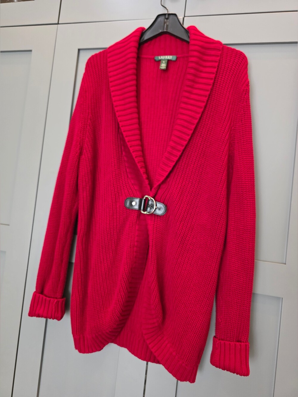 Lauren Ralph Lauren Cardigan Sweater Sz XL Red 100% Cotton Equestrian Old Money